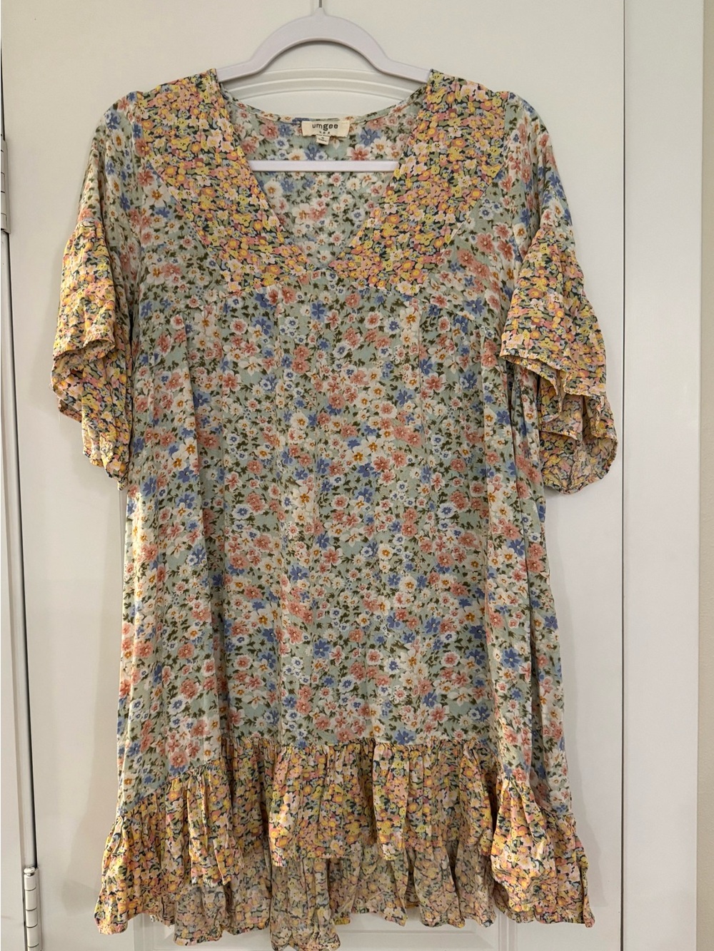 Umgee Floral Ruffle Tunic Dress in Yellow, Blue, Green - Picture 1 of 4